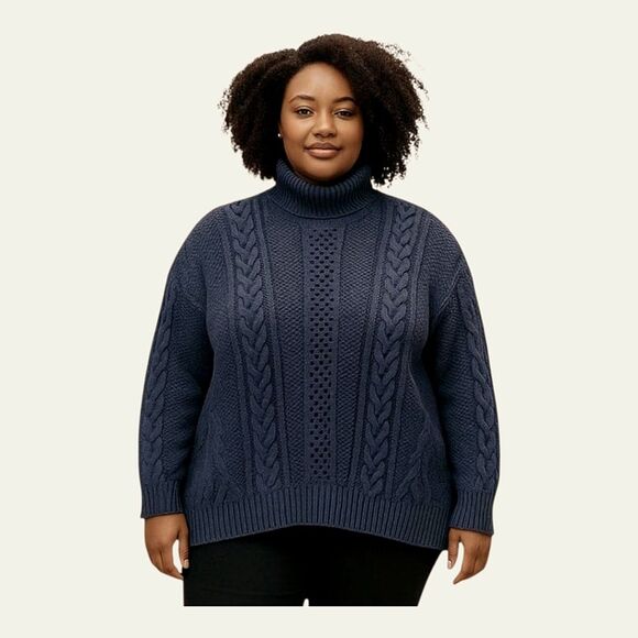 Ana Chunky Cable Knit Boxy Sweater Pullover Turtleneck Cotton Blend Black XXL - Picture 1 of 11